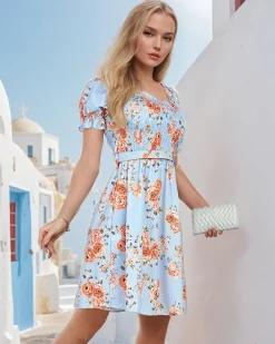 Sukienki Krótkie^Royalfashion Sukienka damska midi a'la hiszpanka w kwiaty Ecru