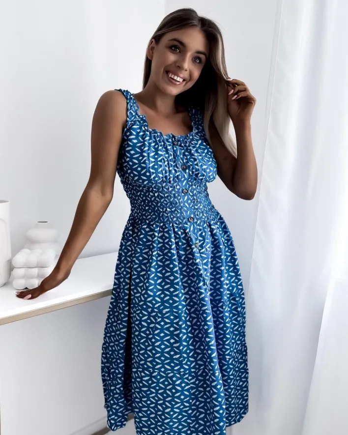 Sukienki Letnie|Sukienki Długie^Royalfashion Sukienka damska za kolano z printem w kolorze niebieskim Ecru