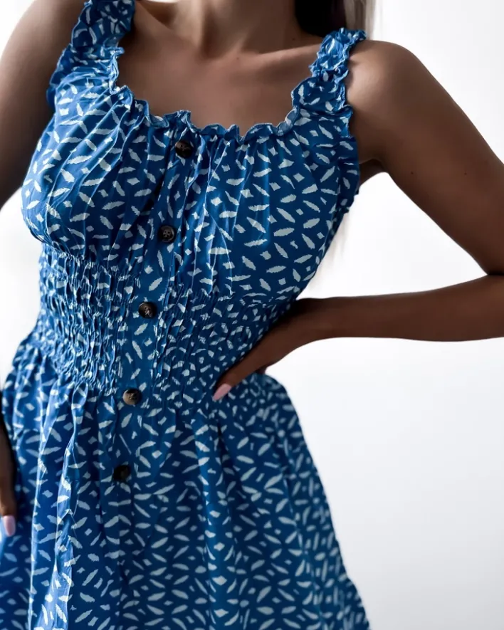 Sukienki Letnie|Sukienki Długie^Royalfashion Sukienka damska za kolano z printem w kolorze niebieskim Ecru