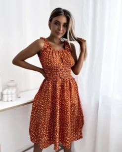 Sukienki Letnie|Sukienki Długie^Royalfashion Sukienka damska za kolano z printem w kolorze m pomarańczowy