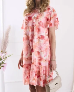 Sukienki Letnie|Sukienki Krótkie^Royalfashion Sukienka damska do kolana z printem i falbanką w kolorze m pomarańczowy