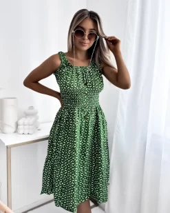 Sukienki Letnie|Sukienki Długie^Royalfashion Sukienka damska za kolano z printem w kolorze ciemnom zielony