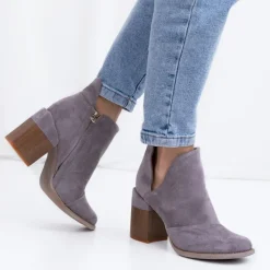 Botki Bez Ocieplenia|Botki Na Słupku^Royalfashion Szare damskie botki z wycięciami Plinara gołębi szary