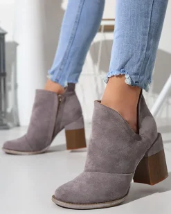 Botki Bez Ocieplenia|Botki Na Słupku^Royalfashion Szare damskie botki na słupku z wycięciami Cintura gołębi szary