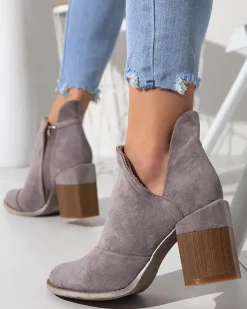 Botki Bez Ocieplenia|Botki Na Słupku^Royalfashion Szare damskie botki na słupku z wycięciami Cintura gołębi szary