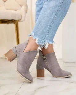 Botki Bez Ocieplenia|Botki Na Słupku^Royalfashion Szare damskie botki na słupku z wycięciami Encura gołębi szary