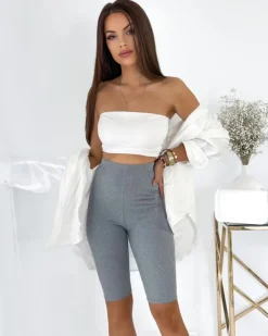 Krótkie Spodenki|Legginsy / Tregginsy^Royalfashion Szare damskie legginsy kolarki prążkowane gołębi szary