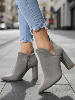 Botki Bez Ocieplenia|Botki Na Słupku^Royalfashion Szare damskie botki na słupku z wycięciem Alania gołębi szary