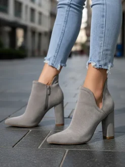 Botki Bez Ocieplenia|Botki Na Słupku^Royalfashion Szare damskie botki na słupku z wycięciem Alania gołębi szary