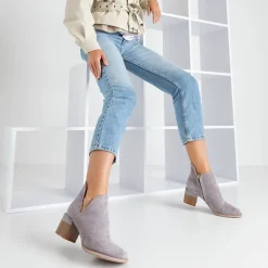 Botki Bez Ocieplenia|Botki Na Słupku^Royalfashion Szare damskie botki na słupku Jeneuer gołębi szary