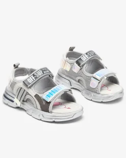 Dziewczęce^Royalfashion Szare sandałki dziewczęce z holograficznymi wstawkami Heilol gołębi szary