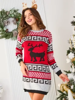 Sukienki Krótkie|Swetry^Royalfashion Szaro-czerwona damska sukienka w swetrowym stylu czerwony