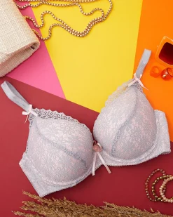 Codzienne^Royalfashion Szaro-różowy koronkowy biustonosz damski gołębi szary