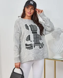 Swetry^Royalfashion Szary damski sweter z misiem gołębi szary