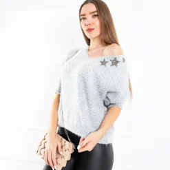 Swetry^Royalfashion Szary sweter z gwiazdkami gołębi szary