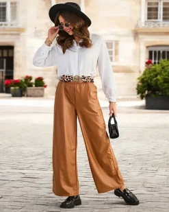 Eko Skórzane^Royalfashion Szerokie spodnie damskie eko skórzane Camel