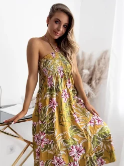 Sukienki Letnie|Sukienki Długie^Royalfashion Żółta damska sukienka midi z kwiecistym wzorem żółty