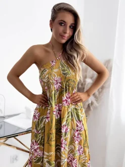 Sukienki Letnie|Sukienki Długie^Royalfashion Żółta damska sukienka midi z kwiecistym wzorem żółty