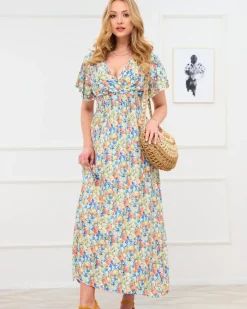 Sukienki Letnie|Sukienki Długie^Royalfashion Żółta damska sukienka maxi w kwiaty Ecru