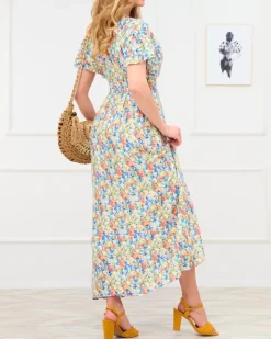 Sukienki Letnie|Sukienki Długie^Royalfashion Żółta damska sukienka maxi w kwiaty Ecru