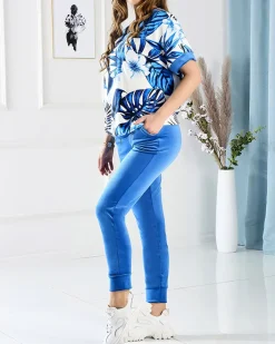 Spodnie Dresowe|Bluzy^Royalfashion Welurowy damski komplet dresowy z motywem roślinnym w kolorze m Granatowy