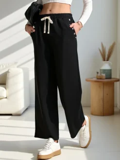 Spodnie Materiałowe|Spodnie Dresowe^Royalfashion Wiskozowe szerokie spodnie damskie dresowe z cyrkoniami czarny