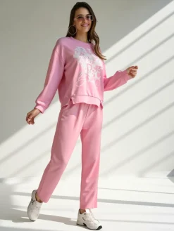 Komplety Damskie^Royalfashion Wiskozowy damski komplet z printem różowy