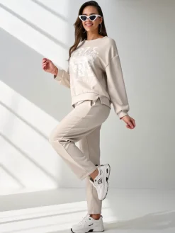 Komplety Damskie^Royalfashion Wiskozowy damski komplet z printem beżowy