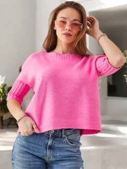 Swetry^Royalfashion Wiskozowy damski sweter z krótkimi rękawami różowy