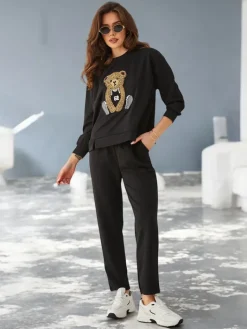 Komplety Damskie^Royalfashion Wiskozowy damski komplet z misiem czarny