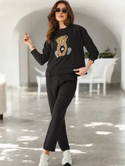 Komplety Damskie^Royalfashion Wiskozowy damski komplet z misiem czarny