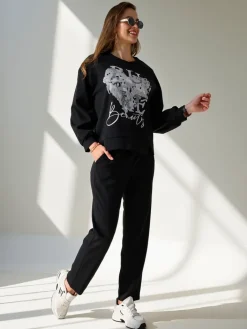 Komplety Damskie^Royalfashion Wiskozowy damski komplet z printem czarny