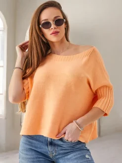 Swetry^Royalfashion Wiskozowy damski sweter z krótkimi rękawami pomarańczowy