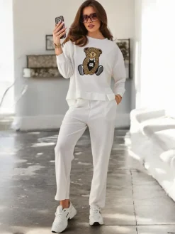 Komplety Damskie^Royalfashion Wiskozowy damski komplet z misiem biały