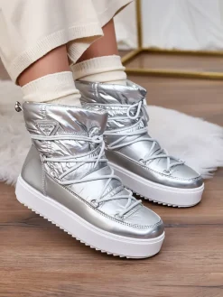 Śniegowce|Botki Z Delikatnym Ociepleniem^Royalfashion Wsuwane botki a'la śniegowce damskie w kolorze m Vevnose srebrny