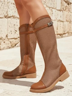 Botki Bez Ocieplenia|Botki Na Płaskim Obcasie^Royalfashion Wysokie ażurowe damskie botki Ovittole Camel