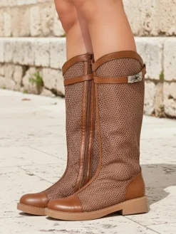 Botki Bez Ocieplenia|Botki Na Płaskim Obcasie^Royalfashion Wysokie ażurowe damskie botki Ovittole Camel