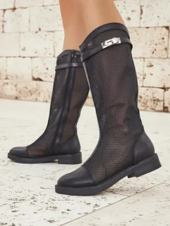 Botki Bez Ocieplenia|Botki Na Płaskim Obcasie^Royalfashion Wysokie ażurowe damskie botki Ovittole czarny