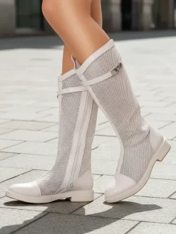 Botki Bez Ocieplenia|Botki Na Płaskim Obcasie^Royalfashion Wysokie ażurowe damskie botki Ovittole biały