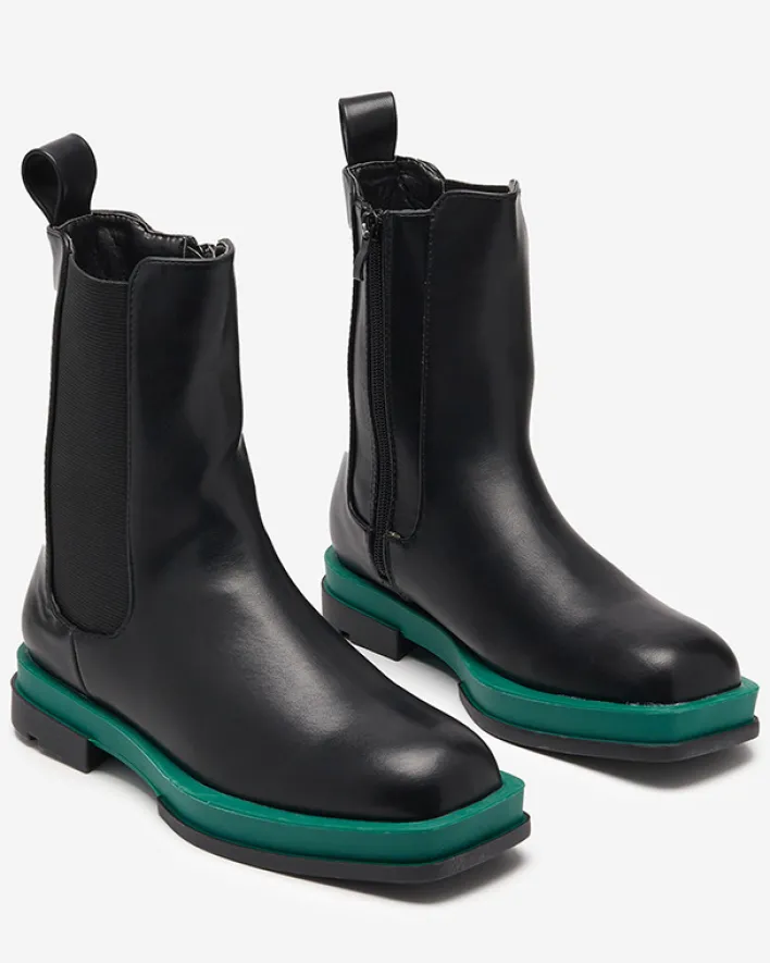 Botki Z Delikatnym Ociepleniem|Botki Na Płaskim Obcasie^Royalfashion Wysokie botki damskie z kwadratowym noskiem w kolorze czarno-m Litepi zielony