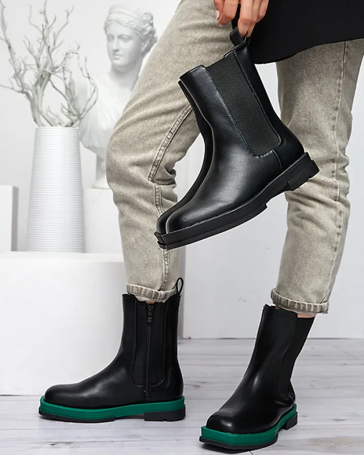 Botki Z Delikatnym Ociepleniem|Botki Na Płaskim Obcasie^Royalfashion Wysokie botki damskie z kwadratowym noskiem w kolorze czarno-m Litepi zielony