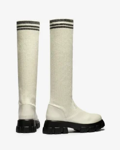 Kozaki Na Płaskim Obcasie|Kozaki Bez Ocieplenia^Royalfashion Wysokie wsuwane kozaki damskie w kolorze ecru Alerpi krem