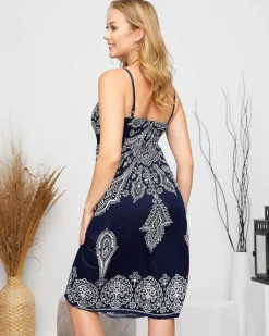 Sukienki Letnie|Sukienki Krótkie^Royalfashion Wzorzysta damska krótka sukienka w kolorze m Granatowy