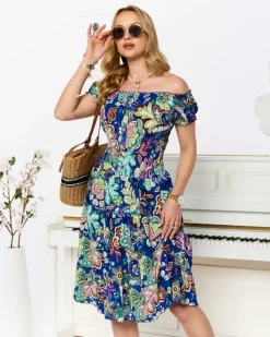 Sukienki Letnie|Sukienki Krótkie^Royalfashion Wzorzysta kobaltowa krótka sukienka damska kobaltowy