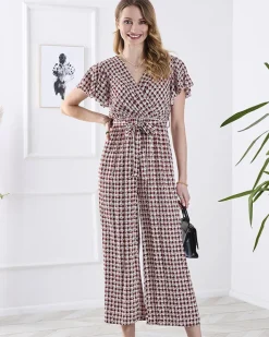 Kombinezony^Royalfashion Wzorzysty długi kombinezon damski z wiązaniem w kolorze m czerwony