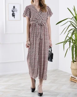 Kombinezony^Royalfashion Wzorzysty długi kombinezon damski z wiązaniem w kolorze m czerwony