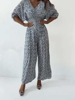 Spodnie Materiałowe|Kombinezony^Royalfashion Wzorzysty kombinezon damski Ecru