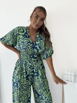 Spodnie Materiałowe|Kombinezony^Royalfashion Wzorzysty kombinezon damski zielony