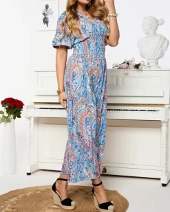 Kombinezony^Royalfashion Wzorzysty kombinezon damski w kolorze niebieskim Ecru