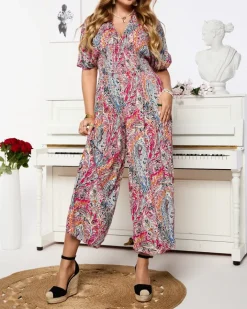 Kombinezony^Royalfashion Wzorzysty kombinezon damski w kolorze różowym ciemnoróżowy